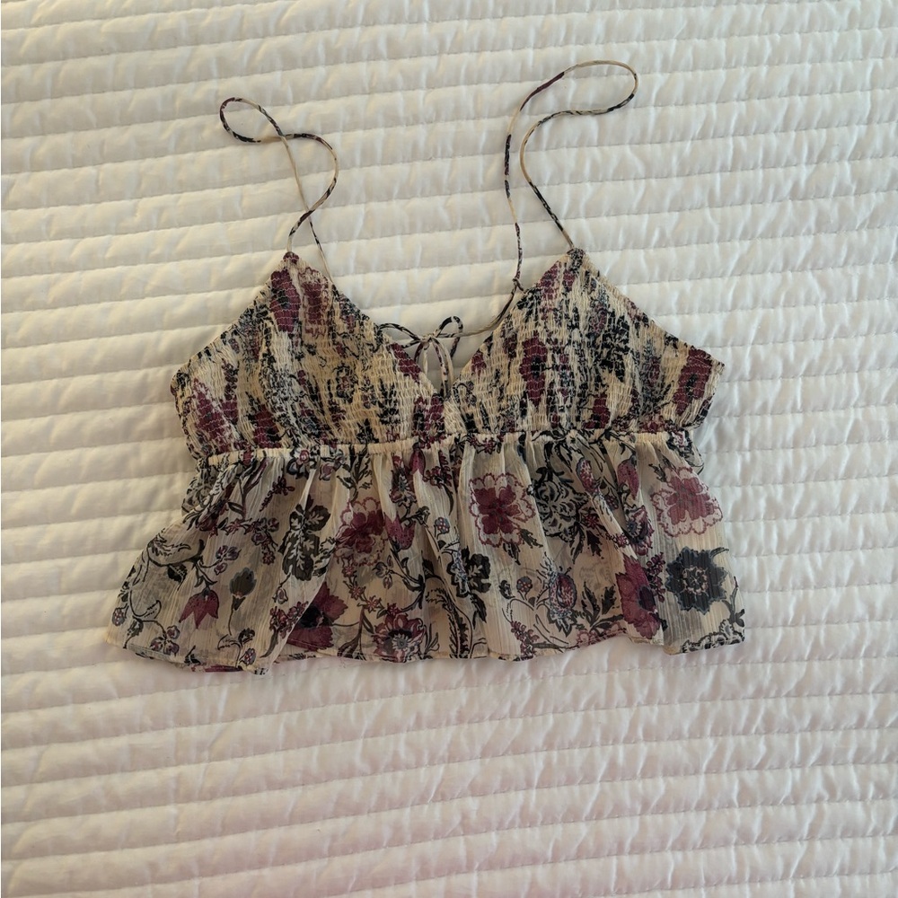 Zara Pink and Gray Spaghetti Strap Crop Camisole with Ruffled Design
